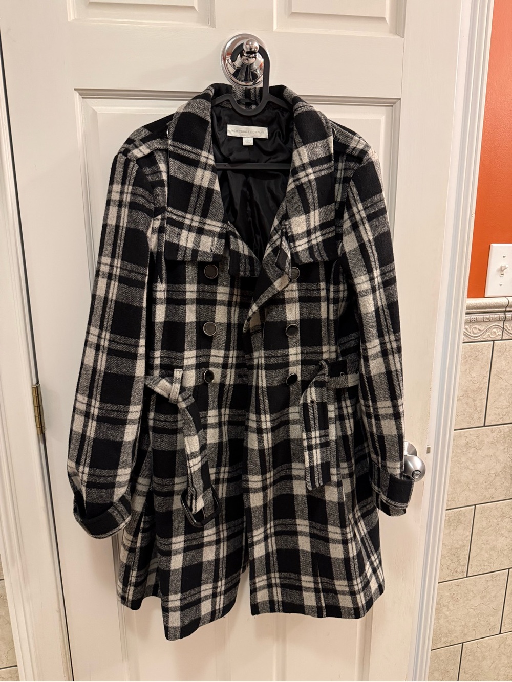 New York & Company Black and White Plaid Double-Breasted Peacoat